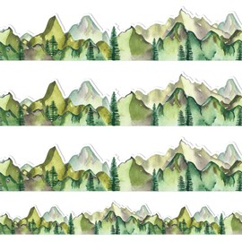 JarThenaAMCS 32.8Ft Mountain Bulletin Board Border Watercolor Green Mountain Tree Die Cut Trim Border Roll for School Classroom Chalkboard Party Decoration