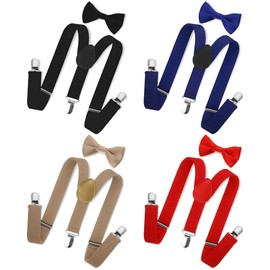 SATINIOR 4 Set Boys Suspenders and Bow Tie Set Baby Toddler Kids Adjustable Suspenders Sets for Wedding (Red, Khaki, Black, Royal Blue)