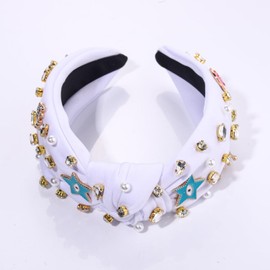 boderier Crystal Knotted Headband for Women Pearl Evil Eye Star Heart Crown Embellished Wide Headbands Jeweled Top Knot Hairband Holiday Party Hair Accessories(White)