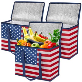 QOUBAI 3Pack Insulated Reusable Grocery Bags American flag Collapsible Food Delivery Bag Patriotic Heavy Duty Large Shopping Bag Tote Bags Container with Zippered Top for Hot Cold Food Carrier Travel