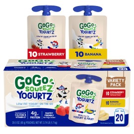GoGo squeeZ yogurtZ Variety Pack, Strawberry & Banana, 3 oz (Pack of 20), Kids Snacks Made from Real Yogurt and Fruit, No Fridge Needed, Gluten Free, Nut Free, Recloseable Cap, BPA Free Pouches