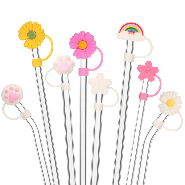 8 Pieces Silicone Straw Tips Cover Reusable Drinking Straw Lids Sunflower Cherry Blossom Rainbow Cat Paw Straw Cap Cover for 6-8 mm Straws Anti-dust Straw Tips Plugs