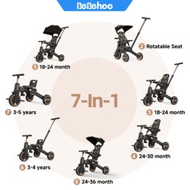 Bebehoo Tricycle Stroller for Toddler,Foldable Baby Tricycle,Kids Balance Bike with Push Handle,Toddlers Stroller Bike with 1 to 5 Years,7-in-1 Push Tricycle Bike for Kids(Gold)