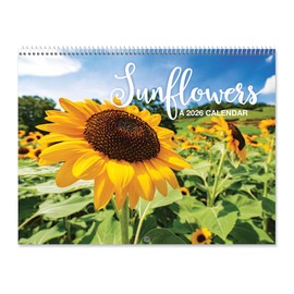 Current 2026 Sunflowers Wall Calendar, 12-Inch x 9-Inch Size Closed, 18-Inch Size Open, Large Bookstore-Quality, Spiral-Bound Hanging Monthly Wall Calendars for Kitchen & Office