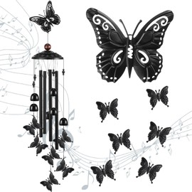 Beeveer 35" Christmas Butterfly Wind Chimes for Outside Garden Decor with 4 Aluminum Tubes and 6 Charming Bells for Patio Porch Yard Decor, Christmas Gifts for Women Mom Grandma(Red and Black)