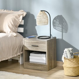 HOMCOM Modern Side Table, Accent Table with Drawer and Storage Shelf, End Table for Living Room, Gray Wood Grain