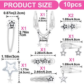 Winsyison 10pcs Star Hair Clips, Non-Slip Metal Barrettes for Women, Y2K Cute Snap Hair Accessories for Thin Thick Long Short Curly Wavy Hair- Silver
