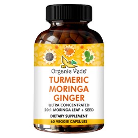 Organic Veda Turmeric Moringa Ginger Capsules - Super Antioxidants & Curcumin Supplement with 20:1 Moringa Leaf & Seed Extract, Black Pepper - Energy, Joints, Heart Health Support - 60 Vegan Pills