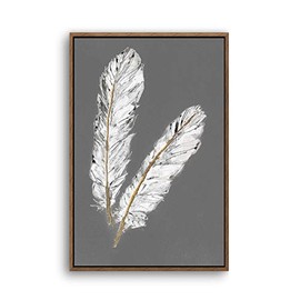 TEXTURE OF DREAMS Feather Framed Canvas Wall Art Prints, White Feather on Gray Stretched Artwork Picture for Living Room Bedroom Decoration (Option 1（1 Panel）, 19'' x 25'')