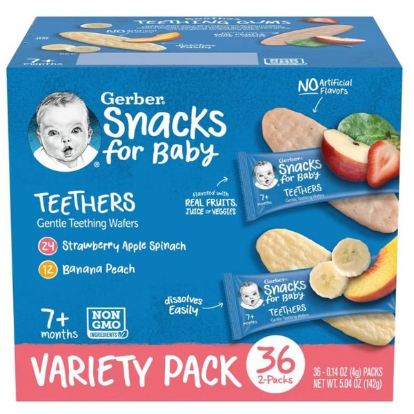 Gerber Teethers Variety Pack Baby Snacks 5.04oz 36 Paquetes de 2 piezas - Snacks Gerber Variados con Sabor a Fresa con Manzana (24) y Plátano con Durazno (12)