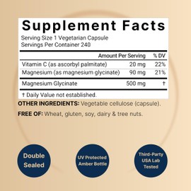 NatureBell Pure Magnesium Glycinate 500mg Per Serving, 240 Veggie Capsules