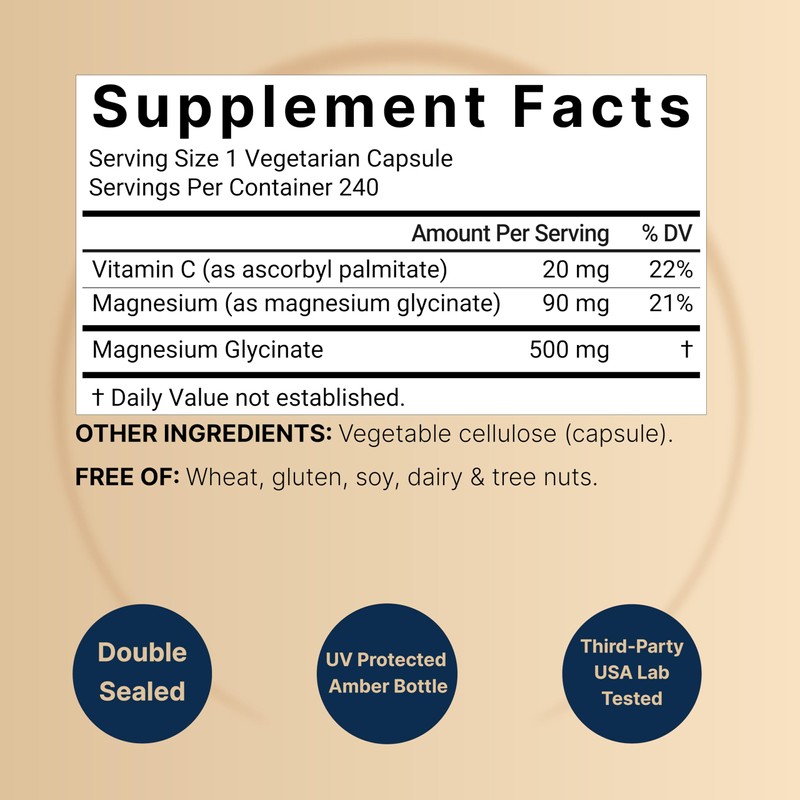 NatureBell Pure Magnesium Glycinate 500mg Per Serving, 240 Veggie Capsules