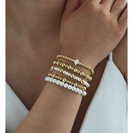 Gold Beaded Bracelets for Women, 14K Real Gold Plated Jewelry for Women Dainty Pearl Bead Bracelets Stack, Non Tarnish Trendy Stackable Ball Cross Stretch Bracelet Set Fashion Accessories Gifts for Women (Gold white cross bead)