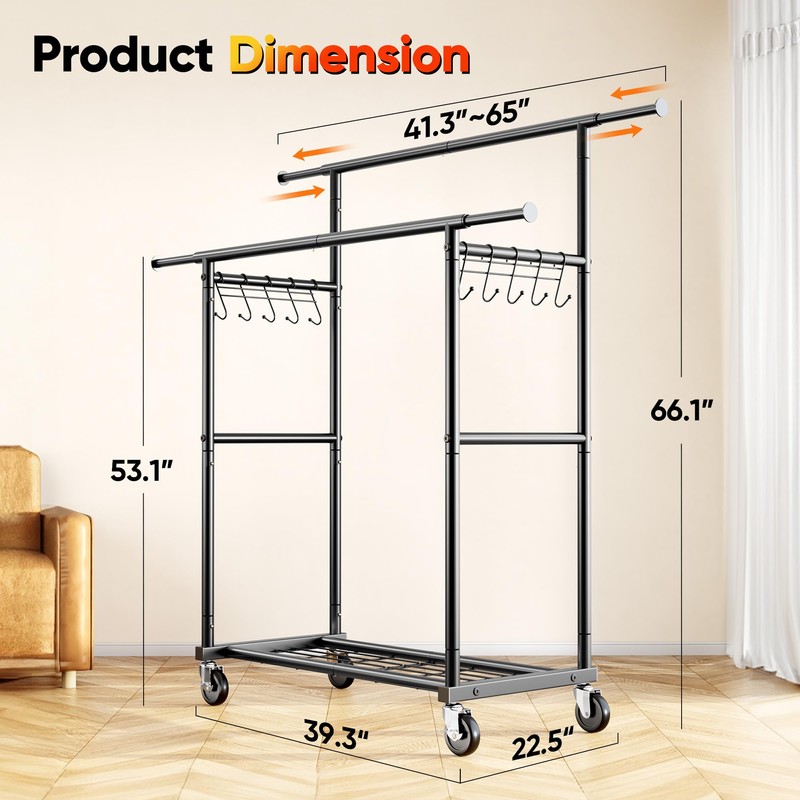 HOKEEPER Clothes Rack Heavy Duty Clothing Rack with Wheels Double
