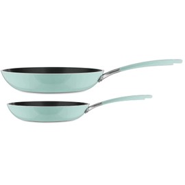 KitchenAid Aluminum Nonstick 10" and 12" Skillets Twin Pack Fry pans, Heavy-Gauge 4.0 Stainless Steel Base Induction Dishwasher Oven Safe, Ice Blue
