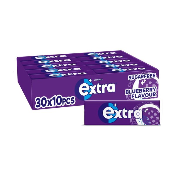 Extra Chewing Gum, Sugar Free, Blueberry Flavour, Chewing Gum Bulk, Microgranulated Gum, 30 Packs of 10 Pieces (Blueberry)
