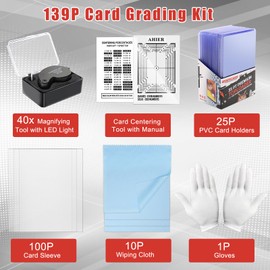 AHIER 139PCS Card Grading Kit, Card Centering Grading Tool Includes One 40x Magnifying Tool, Manual, 25P Card Holders, 100 Pack Soft Sleeves, 10P Cloth, Gloves