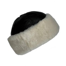 Premium Leather Unisex Shearling Sheepskin Fur Winter Beanie - Warm Wool Skull Hat for Men & Women (US, Alpha, Large, Black/Ivory Fur)