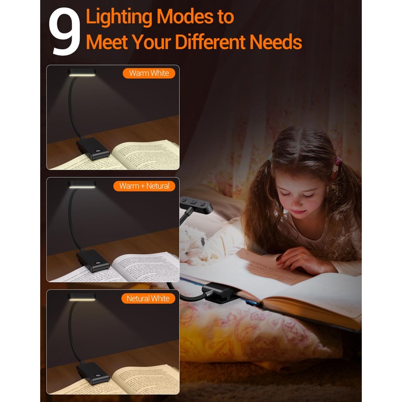 COKWEL Rechargeable Clip On Reading Lamp, 9 Led 90 Hours