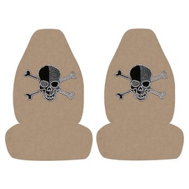 ALLBrand Universal Fit Car SUV Truck Crystal Bling Rhinestone Studded Beige High Back Front Bucket Seat Covers - Pack of 2 (Gray Skull-Beige)