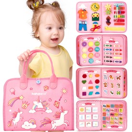 hahaland Toddler Busy Board Montessori Toys for 3 Year Old Girl Gifts, Educational Learning Toys with Life Skills, Alphabet, Number, Shape, Color, Easter Valentines Gift Travel Sensory Busy Book Age 3