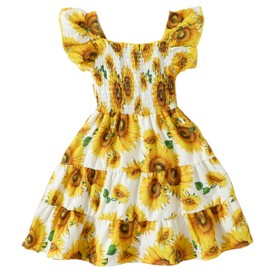 Girls Sunflower Dress Halter Sleeveless Toddler Floral Sundress Casual White Summer Bithday Beach Dress (1581-6-7T)
