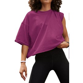 HUGOOME Womens Oversized Workout Crop Top Casual Short Sleeve Purple Red