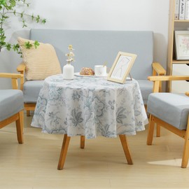 Spring Summer Flower Tablecloth, Linen Cotton Floral Round Tablecloth, Wrinkle Free Washable Table Cover for Dining Party Picnic Decor (48 Inch, Ink Flowers)