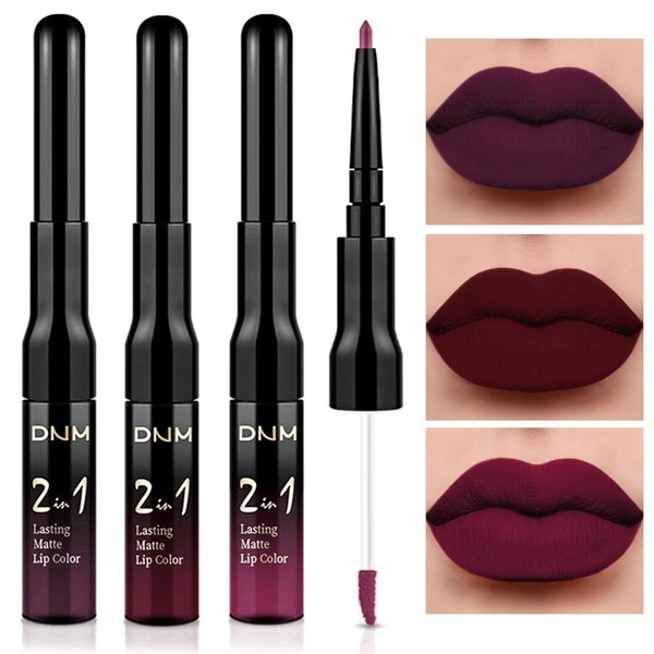 evpct 3Pcs Dark Red Purple Plum Matte Liquid Lipstick and