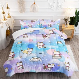 XYNHML Kids Cute Cat Comforter Set Twin Size 3Pcs Colorful Rainbow Glitter Star Bedding Set Lovely Animal Cat Paw Quilt Bed Set for Children Girls Boys Room Decor