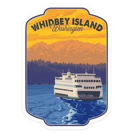Die Cut Sticker Whidbey Island, Washington, Ferry and Mountains, Contour Vinyl Sticker 3 to 6 inches, (Waterproof Decal for Cars, Water Bottles, Laptops, Coolers), Large