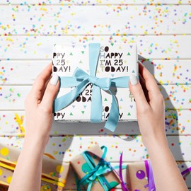 LeZakaa 25th Birthday Wrapping Paper Roll, Blue SO HAPPY I'M 25 TODAY!, for Age 25 Boys, Men, Adults, Friends Birthday Holiday Party Gift Wrap Mini Roll, 17 inches x 16.4 Feet (23.2 sq.ft.)