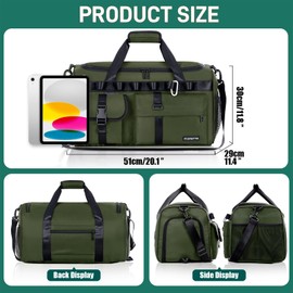 FIORETTO 45L Womens Mens Gym Sports Duffle Bag with Shoes Compartment, Water- Resistant Travel Bag with Trolley Sleeve, Weekend Overnight Hospital Bag Sports Holdall Backpack Green