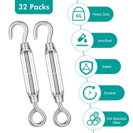 Hicarer 32 Pieces 4mm Hook and Eye Turnbuckle for Cable Wire Rope Tension, 304 Stainless Steel Turnbuckle Cable Tensioner Cable Tightener Wire Tightener for DIY String Light Picture Hanging Tent Rope