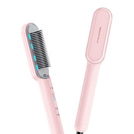 Wavytalk Hair Straightener Brush, Sleek Sweep Ionic Straightening Brush with 6 Temperature Adjust, Anti-Scald Ceramic Straightening Comb Fast Heating for Home Salon, Dual Voltage Pink.