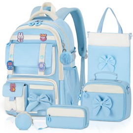 Aomutrsn Cute Girls Backpack with Lunch Box Set, 5pc Blue Kawaii Aesthetic Bookbag, Kids School Backpack for Teen & Elementary