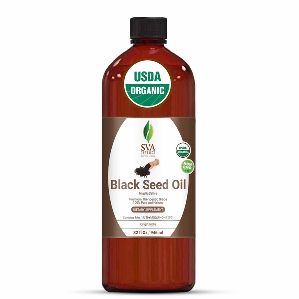 SVA ORGANICS USDA Certified Black Cumin Seed Oil 32 Oz GUARANTEED 100% ORGANIC, Pure & Natural, Hexane Free, Non-GMO, Premium Therapeutic Grade Oil GLASS BOTTLE for Aromatherapy, Skin & Hair Care