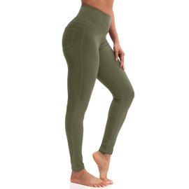 VOOVEEYA Leggings for Women High Waist, Yoga Pants with Pockets Tummy Control Workout Pants Stretchy Jeggings（Army Green M）