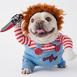 Halloween Dog Costume for Party Dress-Up – Bloody Doll Outfit with Wig and Knife-Themed Detail for Holiday Photos-Pet Deadly Doll Dog Costume