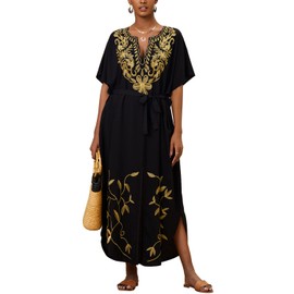 L-Peach Women's Kaftan, Loungewear, Casual Wear, Night Dress, Beach Dress, Oversized Cover Up, Black Golden 4.