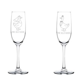 Set of 2 Glass Champagne Flutes Sparkling Wine Glasses Gift Mr. and Mrs. Silly Goose Wedding Engagement Newlywed for Couples (8 oz Stemmed)