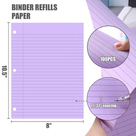 HIBOX 100 Sheets Loose Leaf Paper, 8x10.5inch Wide Ruled Purple Filler Paper 3 Hole Punched Filler Paper for School Office