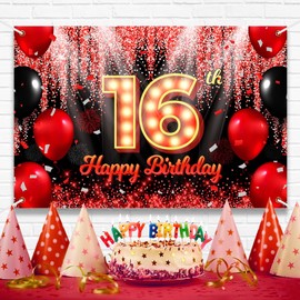 Happy 16th Birthday Backdrop Banner Black and Red Theme Background with Neon Shiny Fashion Birthday Party Photo Photography Prop Booth Background for Boys Girls Celebration 70.8x47.2in-BECKTEN