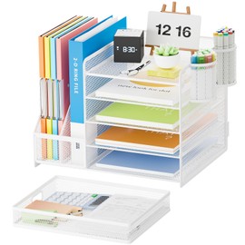 Lavatino Desk Organizer with File Holder, 5-Tier Paper Letter Tray Organizer with Sliding Drawer and 2 Pen Holder, Mesh Desktop File Organizer for Office Supplies, White