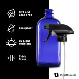 The Bottle Depot - 6 Pack - 16 oz Glass Spray Bottles with Black Trigger Sprayers - Blue - 28-400 Neck Finish - Boston Round Bottles - UV Rays Protection