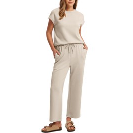 SAMPEEL Lounge Sets for Women 2 Piece Spring Outfits 2025 Travel Summer Business Casual Outfits Vacation Wide Leg Crop Pants Khaki XL