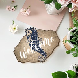 MOTERMATE Rustic Blue Seahorse Welcome Sign Decor, Nautical Coastal Beachy Beach Wall Hanging Room Decor Decorations for Home Bathroom Farmhouse, Ocean Themed Welcome Front Porch Door Decor, 8x10 Inch