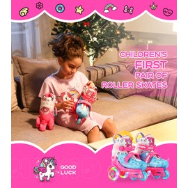 HYKID Toddler Roller Skates, 4 Adjustable Sizes, Fun Illuminating, Safety Three-Point Type, Breathable Upper, Beginners' Roller Skates for Girls Boys Kids (Unicorn Rose Pink, S-Small,11-1)