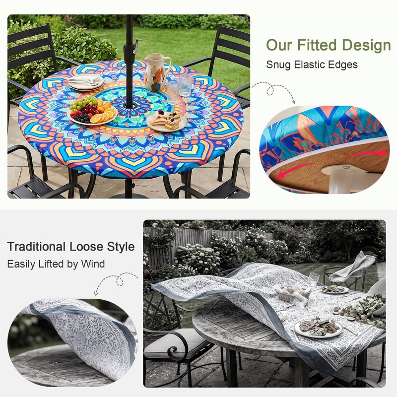 pickyNproud Round Tablecloth with Umbrella Hole and Zipper, Waterproof Wipeable