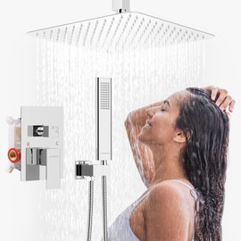 EMBATHER Rain Shower System, Polished Chrome Shower Faucets Sets Complete with 12 Inch Rain Shower Head and Handheld (With Shower Valve)